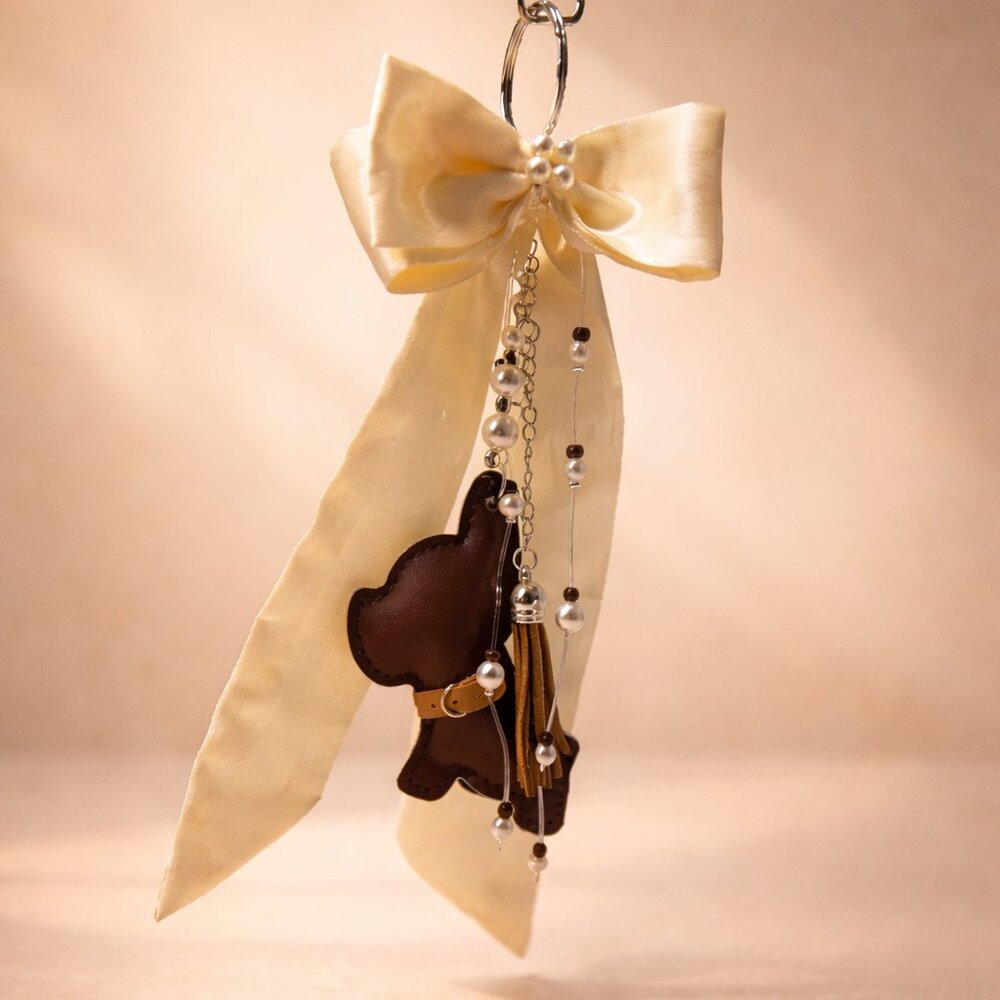 Handmade Coquette Keychain – Faux Pearls, Floating Beads & PU Leather Dog